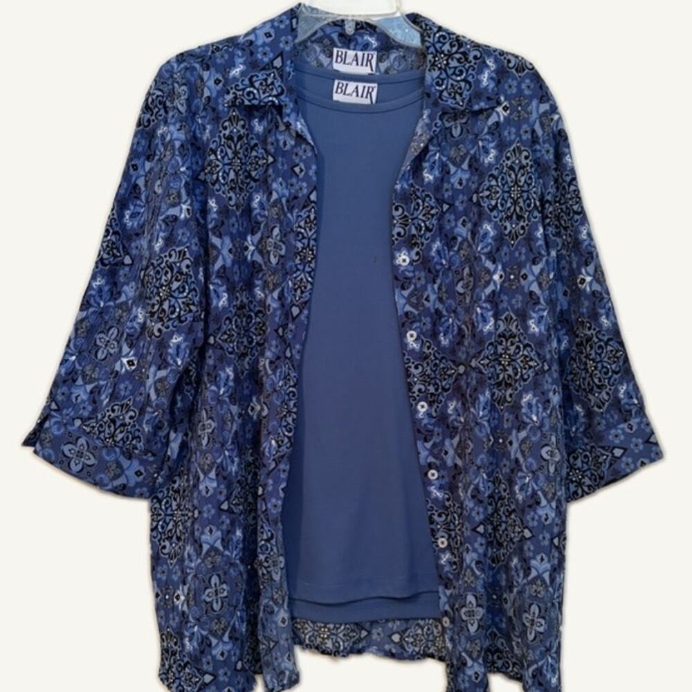 Blair Women's L 2PC Blue Floral Paisley 3/4 Sleeve Blouse & Tank Top Set